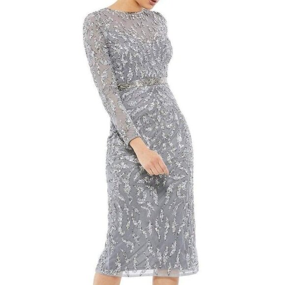 Mac Duggal Platinum Gray Beaded Long Sleeve Midi Dress - Picture 1 of 3